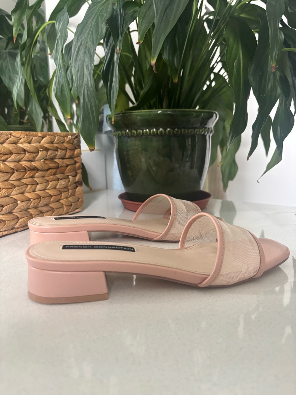 French Connection Blush Pink Mesh Low Block Heel Sandals